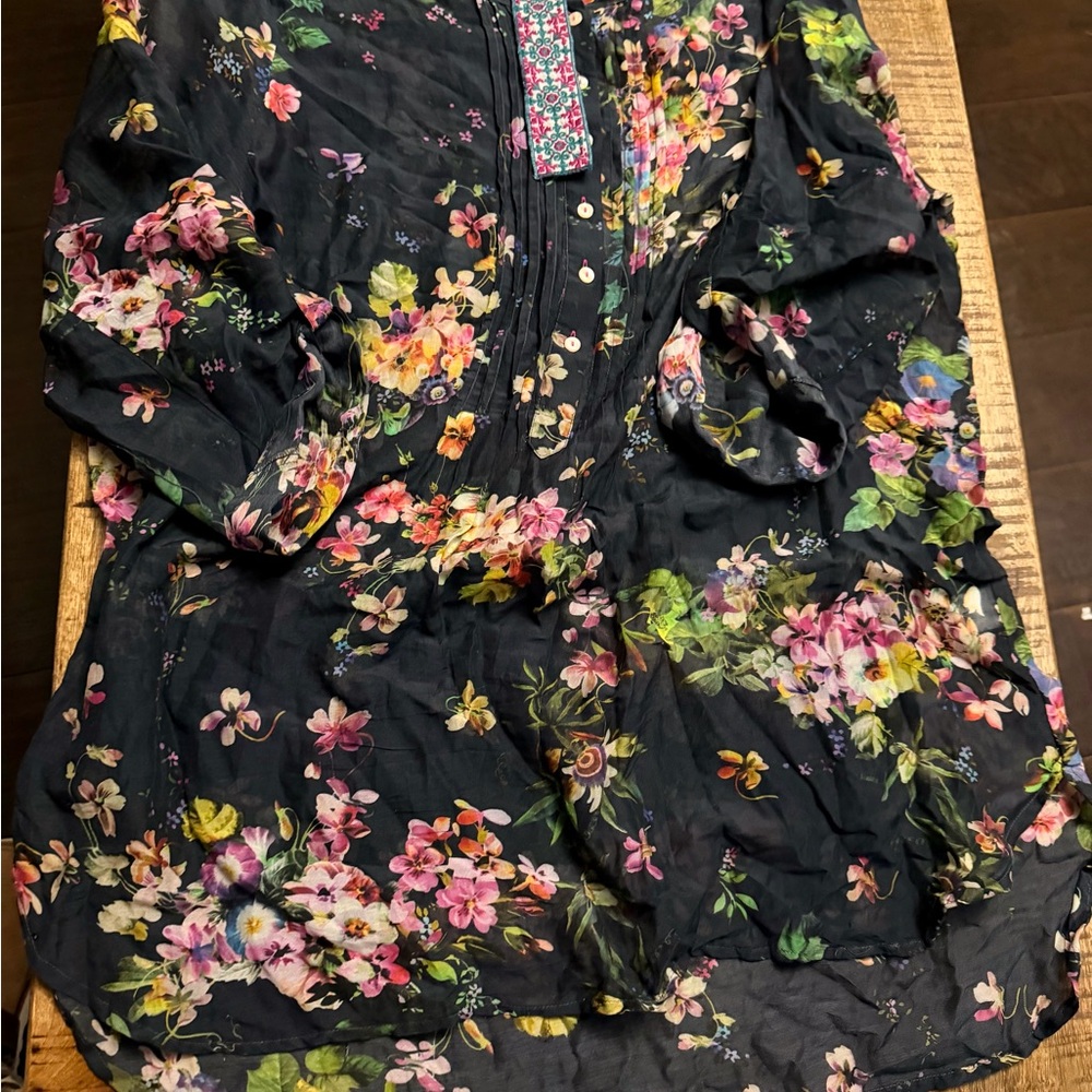 Johnny Was Black Floral Pintuck Peasant Blouse